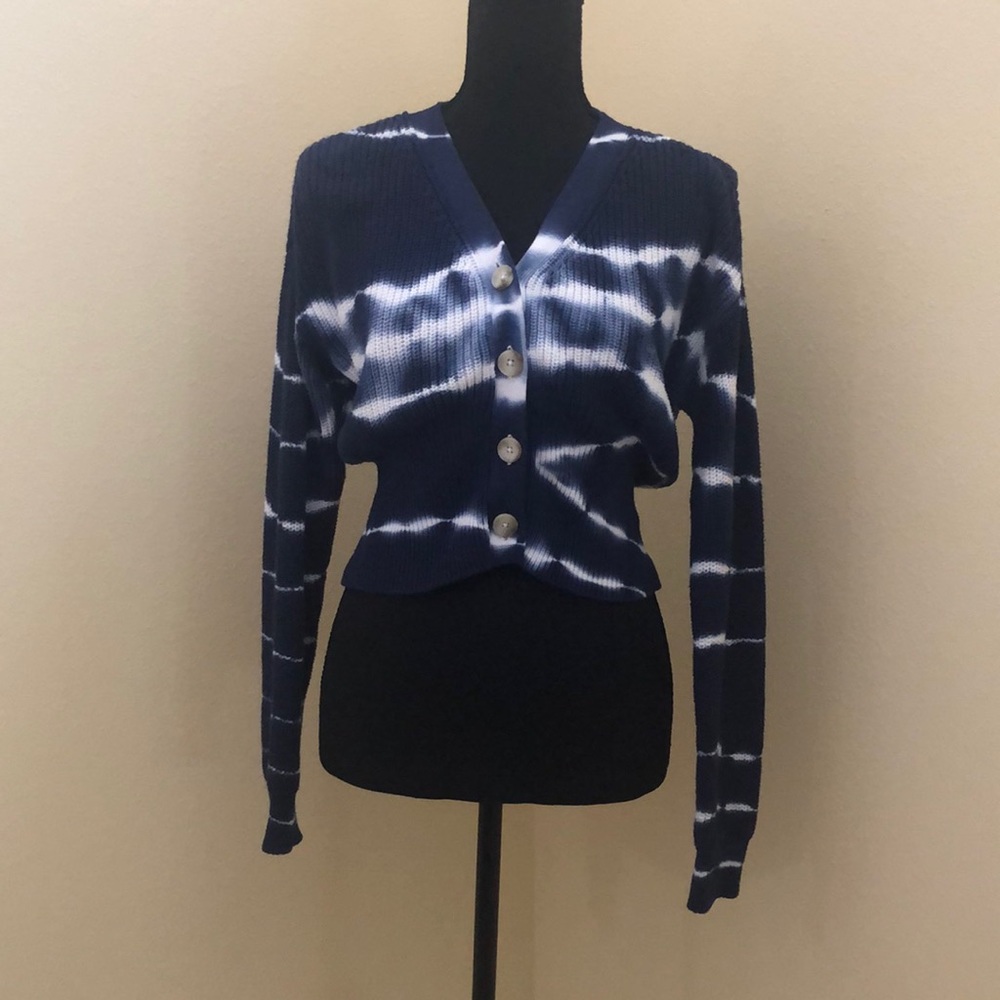 Lulu’s Navy Blue Tie-Dye Knit Cardigan Sweater